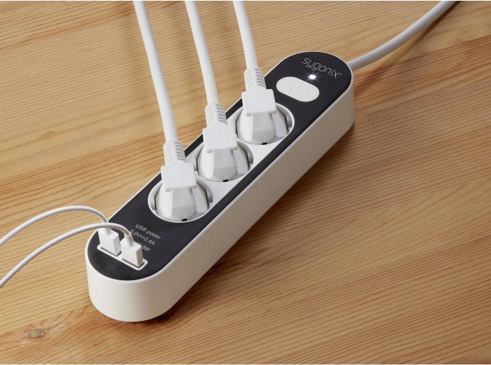 Sygonix Multiprise avec Interrupteur, 3 Prises, avec 2x USB, 1.4m, Blanc/Noir (SY-4538534 / 2269267)